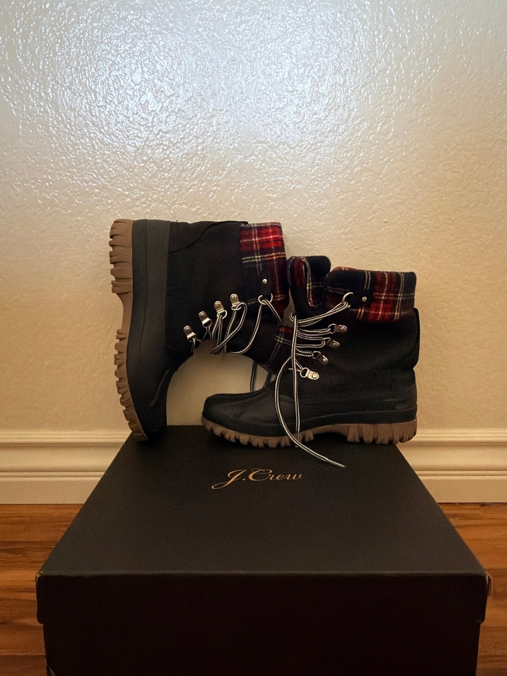 J. Crew Black Lace-Up Ankle Boots with Red Plaid Cuff and Tan Lug Sole